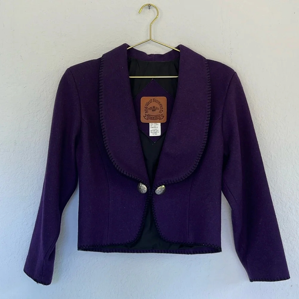 Vintage 80s Western Style Purple Wool Stitched Blazer S - Picture 5 of 12
